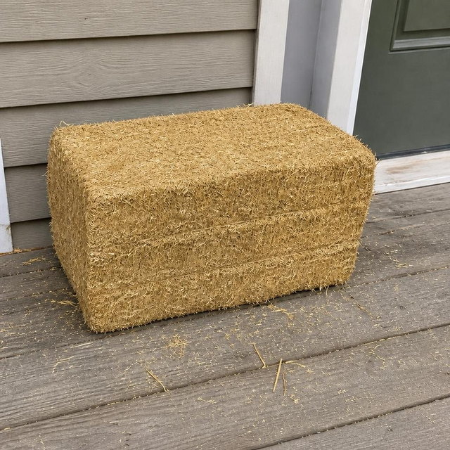 One full-size straw bale set on a front porch beside the door