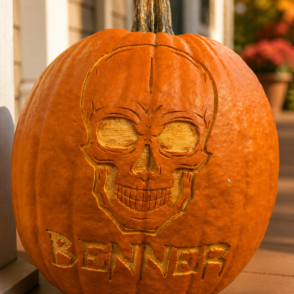 A pumpkin laser-engraved with a skull and the family name Benner, on a porch step