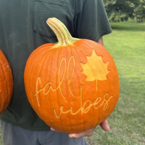 A pumpkin engraved with the fall vibes ready-made design, held at the hip