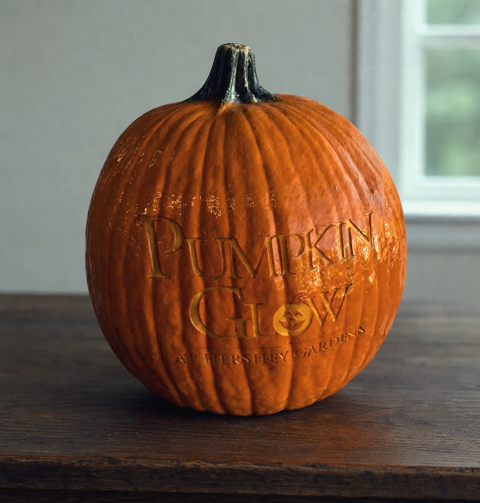 A pumpkin laser-engraved with the Pumpkin Glow at Hershey Gardens logo