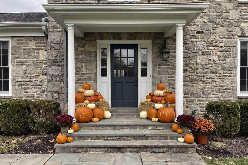 The Harvest on a stone colonial with white columns, stacked on straw bales either side of the door with mums along the steps and two engraved pumpkins