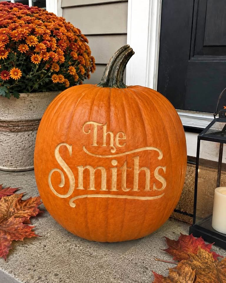 A pumpkin laser-engraved with the script words The Smiths, on a porch with mums
