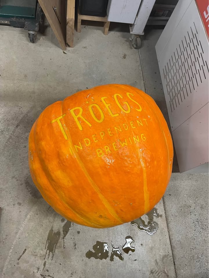 A pumpkin laser-engraved with the Troegs Independent Brewing logo
