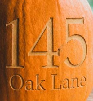 A close crop of the house number style, engraved on a pumpkin